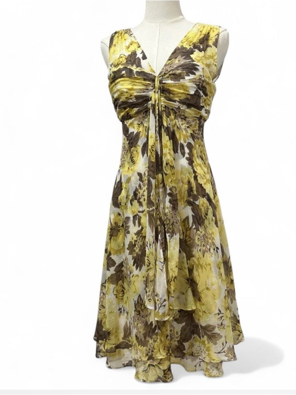 Vintage Yellow Brown Floral 100% Silk Asymmetrical Tiered Flowy Y2K Dress Small*